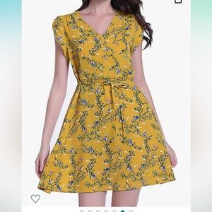 Mustard Yellow Floral Print Summer Wrap Dress Women's Large Miss Molly